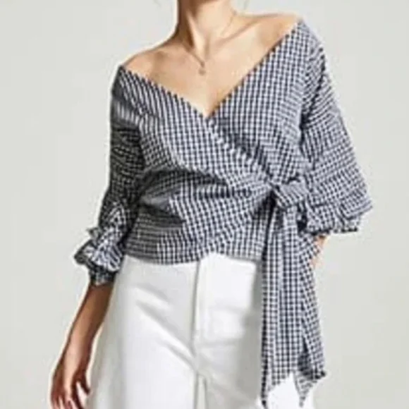 Black and White Gingham Wrap Top - Picture 2 of 4